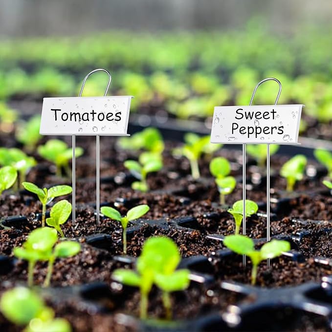 30-Pack Rust-Proof Metal Plant Labels with Galvanized Stakes, Height 10.6" Label Area 3.5"x1.2", Waterproof Weatherproof Garden Markers, Reusable Tags with 2 Pens (White)