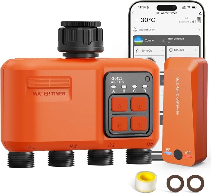 Smart WiFi Sprinkler Timer 4 Zone,WiFi Water Timer for Garden Hose with 984 FT Range,APP & Remote Control,Alexa & Google Voice Compatible,Rain Delay, Manual Mode Sprinkler System
