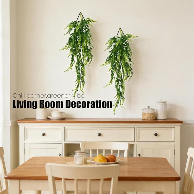 GREENTIME 2 Pack Artificial Boston Fern 28" Fake Hanging Plants with 9.8" Diamond Metal Planter UV Resistant No Maintenance Boho Wall Decor for Indoor Outdoor Bedroom Living Room Shelf