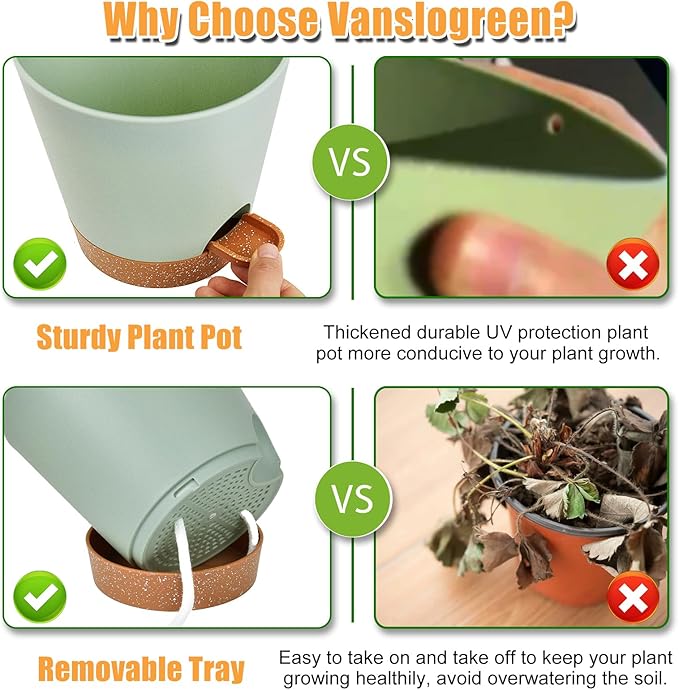 Vanslogreen Planters for Indoor Plants 7/6.5/6/5.5/5 Inch, Self Watering Planters with Drainage Holes and Saucers 5 Pack Plastic Pots for Plants, Succulents, Herbs, Cactus, Flower Pots, Green
