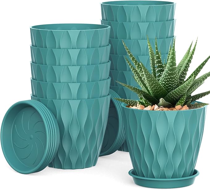 UOUZ 12 Pack 4 Inch Small Plant Pots with Saucers, Waffle Texture Plastic Planters with Drainage Holes for Indoor and Outdoor Plants, Flowers, Herbs, Succulents, and Seedlings, Blue