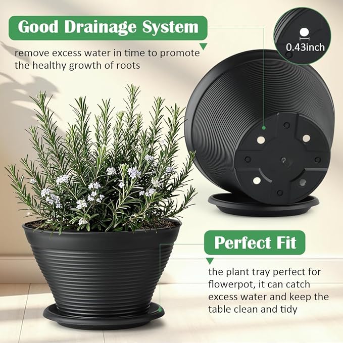 RooTrimmer 4 Pack 12 Inch Plant Pots with Saucers, Plastic Flower Pots with Drainage Holes, Large Planters for Indoor Outdoor Garden, House Plants, Flowers, Herbs, Gardening Gifts, Black