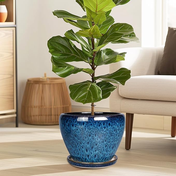 Ceramicfor 10 Inch Ceramic Planter Pot, Ceramic Plant Pot for Indoor Outdoor Plants, Large Flower Pot with Drainage Hole and Saucer, Blue