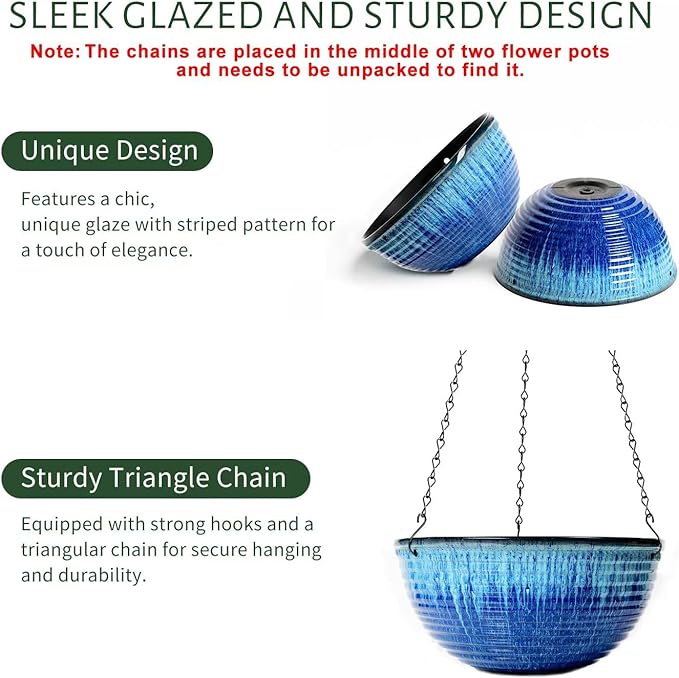 Vanslogreen 2 Pack Hanging Planters for Indoor Outdoor Plants, 10 Inch Hanging Planter with Drainage Hole & Plug Glazed Hanging Baskets Flower Pots for Garden Home (Blue Flow Glaze)