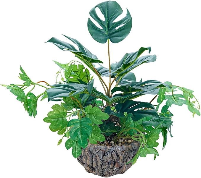 AlphaAcc 15.8" Artificial Monstera Plant in Rattan Woven Round Basket Planter Lifelike Fake Plants Decorative Artificial Plants Tropical Greenery for Kitchen Bathroom Bedroom Living Room Office Decor