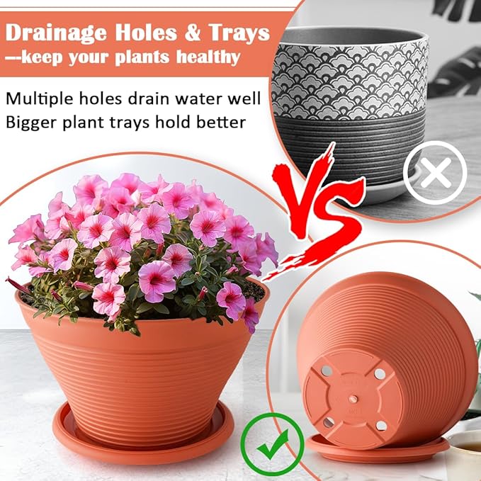 RooTrimmer 8 Pack 8 Inch Plant Pots with Saucers, Plastic Flower Pots with Drainage Holes, Large Planters for Indoor Outdoor Garden, House Plants, Flowers, Herbs, Gardening Gifts, Pottery Red