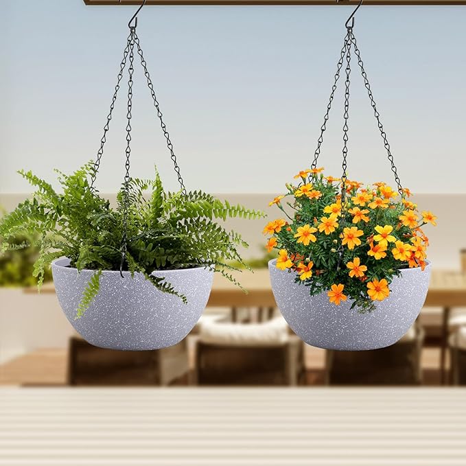 Meowell 10 inch Hanging Planters for Indoor Outdoor Plants, 2 Pack Hanging Flower Pots with Drainage Holes and Chain for Garden Porch, Plastic Hanging Baskets for House Plants, Speckled Grey