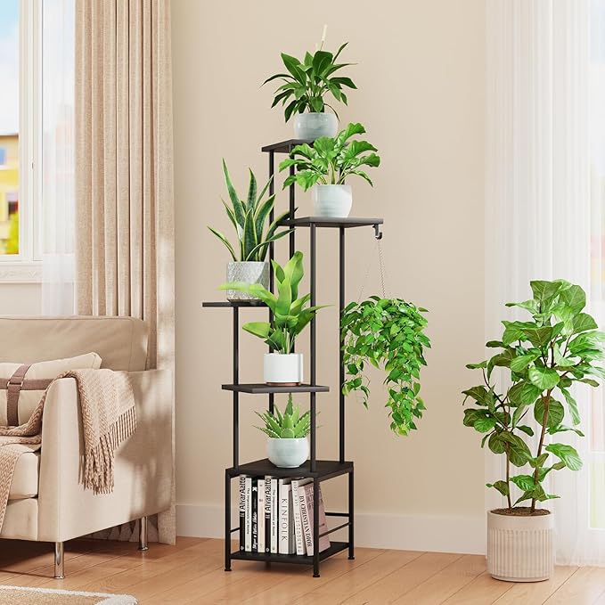 Homsorout Plant Stand Indoor with Grow Light, 6-Tiered Tall Plant Stand Indoor, Metal Plant Shelf with Hanging Basket Hook and Adjustable Light, Ideal for Living Room, Garden, Patio, Black