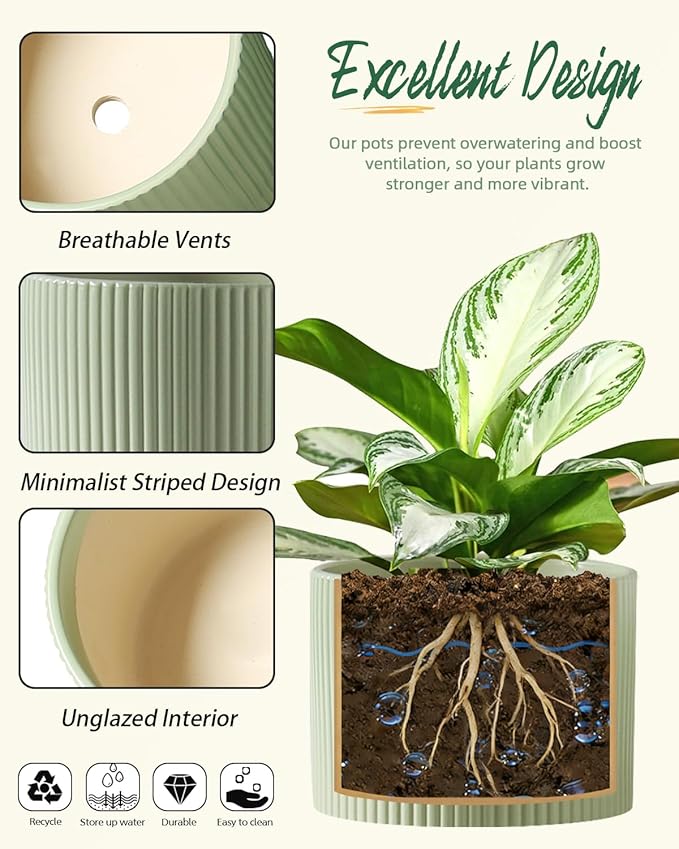 Ceramic Plant Pots, 8.1 + 6 Inch Planters for Indoor Plants, Modern Flower Pot for Plant with Drainage, Medium Cylinder Flower Pots for Indoor/Outdoor, House Plants, Matte Green