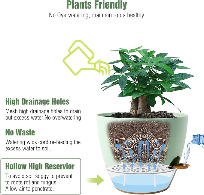 UOUZ 12inch 2Pack Large Self Watering Planters, Plastic Plant Pots with 60oZ Removable Deep Reservoir and Multi Mesh Drainage Holes for Indoor Outdoor Garden Plants and Flowers, Green with Brown