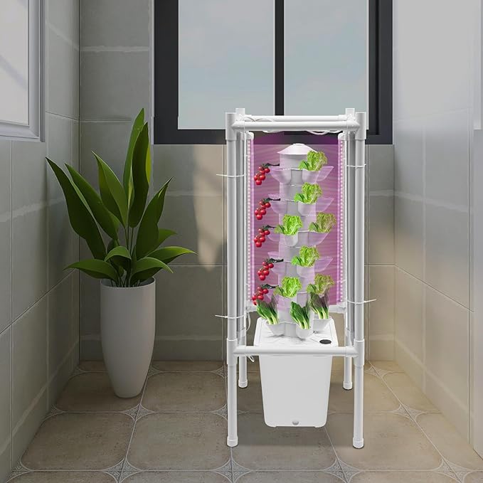 Hydroponics Growing System Kit, 30-Plant Tower Garden Vertical Planter Germination Kit with Grow Light&Water Pump, Herb Garden Planter Indoor Kit, Hydroponic Growing Tower for Indoor Gardening (White)