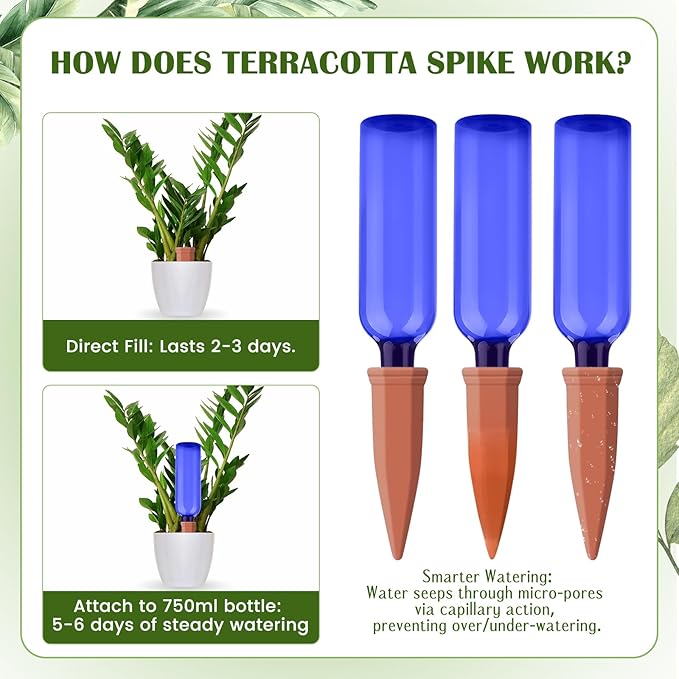 6 Pack Self Watering Globes Spikes for Plants Terracotta Automatic Plant Waterer Stakes with 25.5 oz Plastic Bottles Keep Plants Watered for 7-9 Days (Blue)