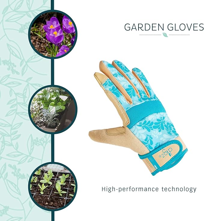 Digz Large Gardening Gloves for Women High Performance Thorn Proof Touchscreen Fingertips Reinforced Palm and Knuckle Padding Blue Leaves Pattern, 7607-23