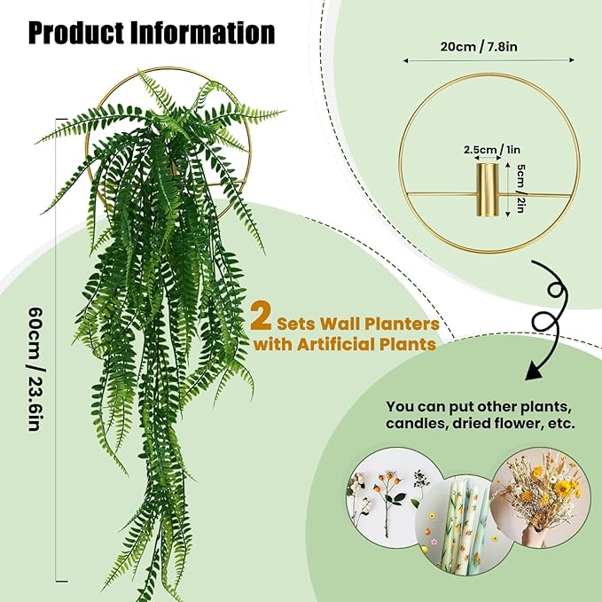 GREENTIME 2 Pack Artificial Boston Fern 28" Fake Hanging Plants with 8" Round Metal Hanging Planter for Indoor Wall Decor Living Room Boho UV Resistant No Maintenance Office Decoration Outdoor