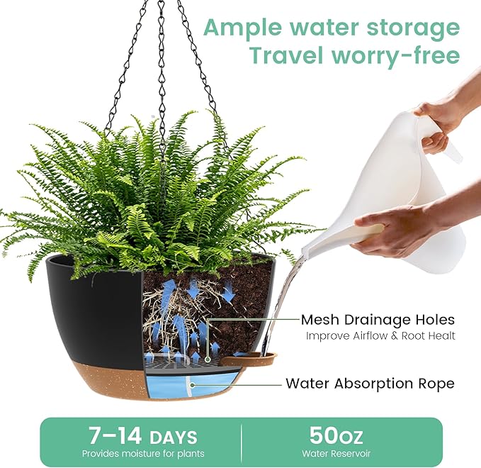 UOUZ 13 Inch 2 Pack Large Self Watering Hanging Planters for Indoor Outdoor Plants, Hanging Plant Pots with Removable 50 Oz Reservoir, Plastic Hanging Basket for Window Porch Garden, Black with Brown