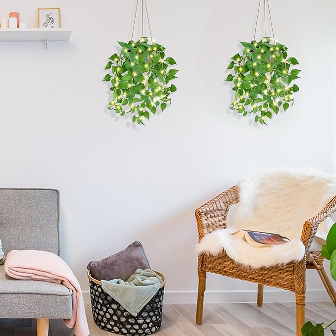 TNNTOPELE 2 Pack Hanging Plant Fake Hanging Plants with LED Lights, Artificial Hanging Plant with Pots, Artificial Plants for Home Decor Wall Indoor Outdoor Office Decor