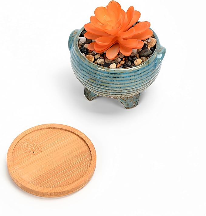 Cute Circular Ceramic Home Garden Decoration Succulent Cactus Flower Pots Container with Bamboo Tray -Plant Not Included (Blue, 4.02 Inch)