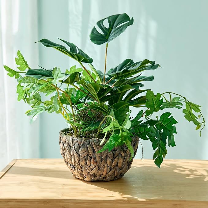 AlphaAcc 15.8" Artificial Monstera Plant in Rattan Woven Round Basket Planter Lifelike Fake Plants Decorative Artificial Plants Tropical Greenery for Kitchen Bathroom Bedroom Living Room Office Decor