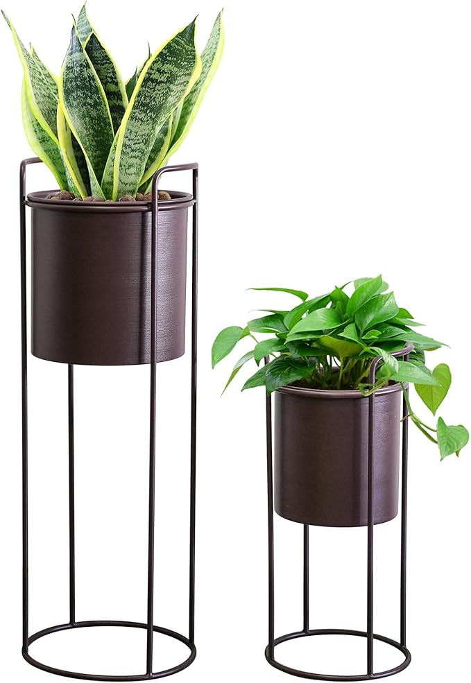 TRIROCKS Set of 2 Planters with Stand Large Metal Planter for Indoor Plants 28 &18" H Plant Pots for Living Room Corner Kitchen Office Garden Balcony Patio Decor(Brown)