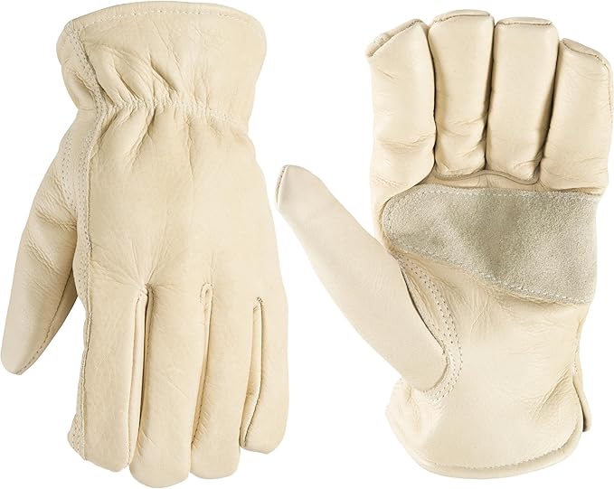 Wells Lamont Leather Work Gloves for Men – Grain Cowhide, Reinforced Palm – Ideal for Construction, Farming, Ranching – Ergonomic Fit, Keystone Thumb, Elasticized Wrist – Beige, Large (1130L)
