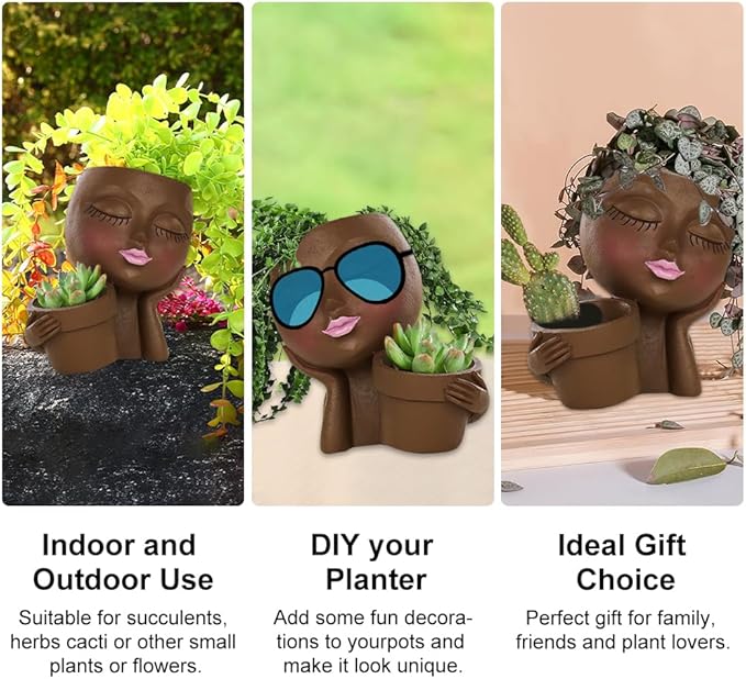 Lady Face Resin Planter Pot - Dual Planting Spaces & Drainage Holes, Indoor/Outdoor Decor for Succulents/Cactus - Unique Gift for Plant Lovers (Brown)