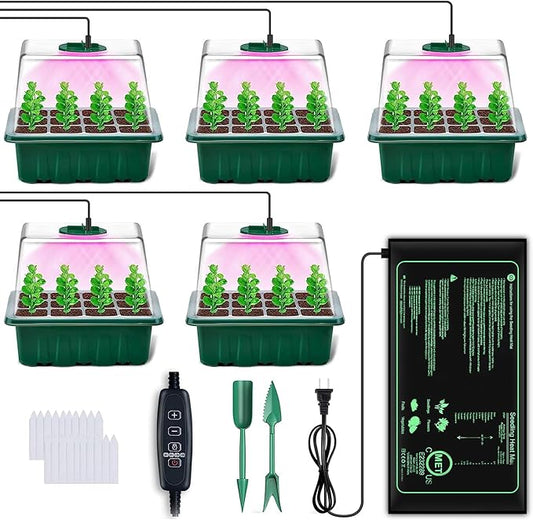 YAUNGEL Seed Starter Tray with Grow Light, 5 Pack Seed Starter Kit with Heat Mat, Seedling Starter Trays with Timing Controller Adjustable Brightness, Thicken Trays with Humidity Domes