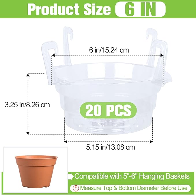 Miuwauer 20 Pack of 6-inch Hanging Basket Water Catcher Plastic Hanging Plant Drip Pan Tray Plastic Saucers Liners for Indoor Outdoor Hanging Plants Baskets Flower Pots - Clear, Round