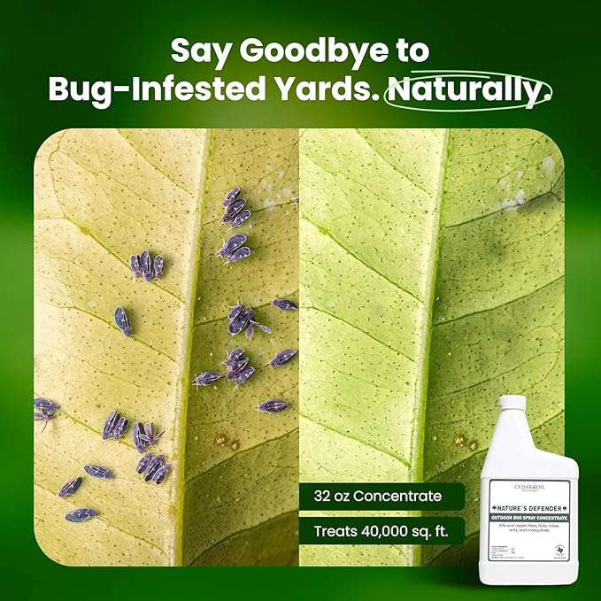 Nature's Defender Outdoor Pest Control Spray – All-Natural Cedarwood Oil Formula for Mosquitoes, Ticks, Fleas, and Ants – Safe for Pets, Kids, and Plants – 32 oz Concentrate, Treats 40,000 sq. ft