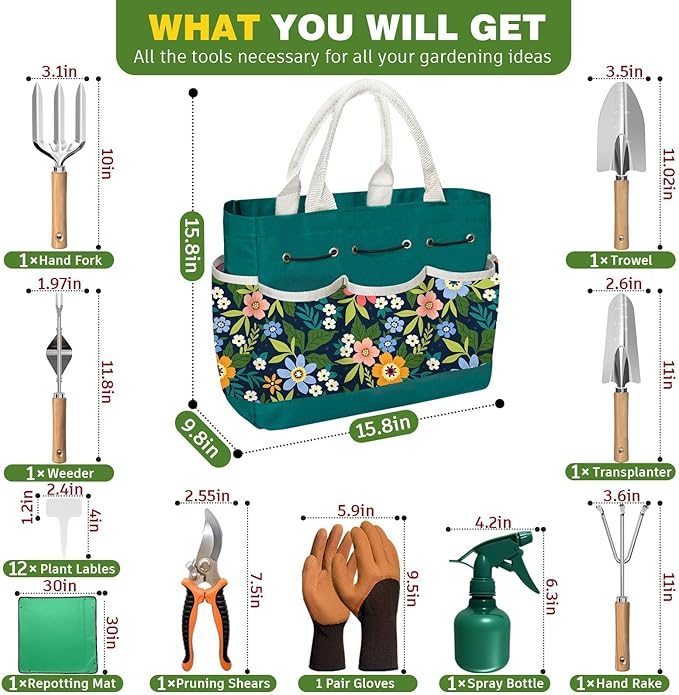 22Pcs Gardening Tools Set for Women Heavy Duty Garden Hand Tools Kit Garden Gifts for Mom Beginner Gardening Accessories with Tote Bag/Shovels/Repotting Mat/Plant Labels/Gloves-Dark Green