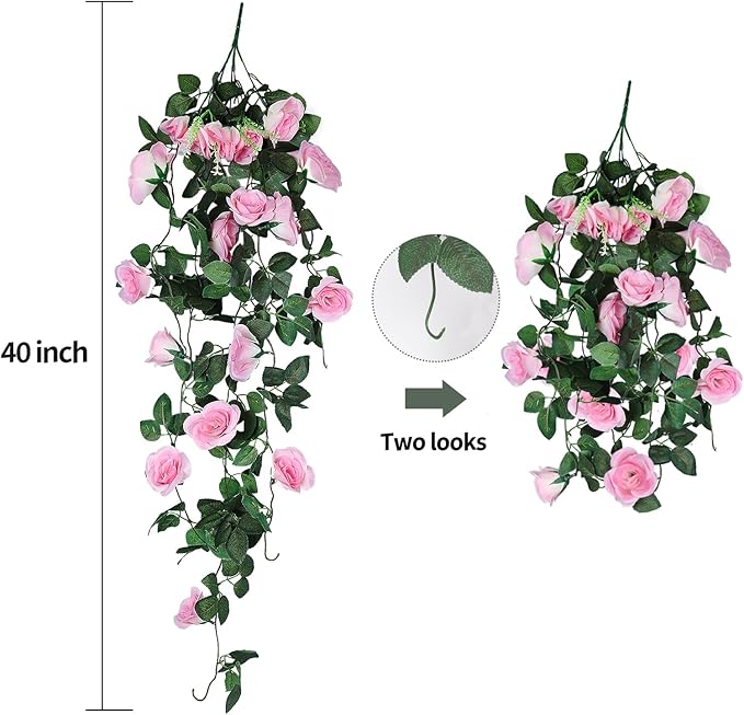 RECUTMS 4PCS Artificial Rose Vine Hanging Plants Fake Flower Outdoor Flowers UV Resistant for Indoor Outside Garden Porch Window Box Home Wedding Farmhouse (Pink)