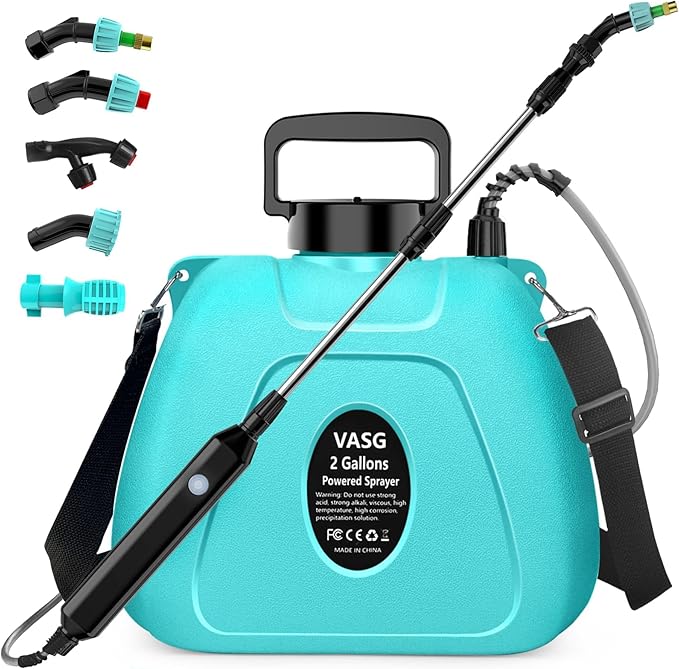 VASG 2 Gallon Battery Powered Garden Sprayer, Powerful Electric Pump Sprayer, Weed Sprayer with USB Rechargeable Handle, 5 Mist Nozzles, Retractable Wand, Adjustable Strap for Lawn, Garden, Yard