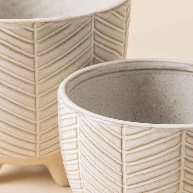 LA JOLIE MUSE Ceramic Footed Flower Plant Pots - 6.7 + 5.1 Inch Boho Decor Indoor Planters with Drainage, Home Decor Gift, Beige