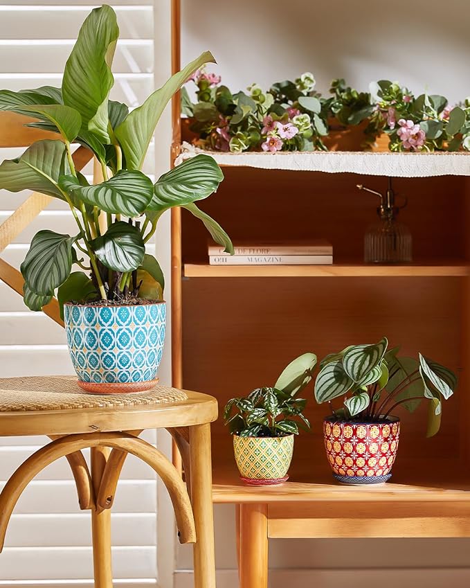 Metahom Ceramic Plant Pots, 3.8+4.9+5.8 Inch, Set of 3 Flower Pots with Drainage Hole & Saucer, Trio Planter Pots Set for House Plants, Home Decor, Vibrant Colors