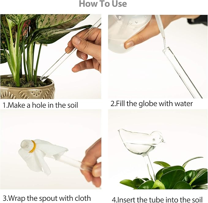 Kingbuy Self Watering Globes Plant Waterer Device Swan Shape Hand Blown Clear Glass Bulb for Indoor Outdoor Plants, 2 Pack