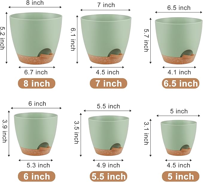 QRRICA Plant Pots 8/7/6.5/6/5.5/5 Inch Self Watering Pots, Set of 6 Plastic Planters with Drainage Holes and Saucers,Plastic Flower Pots,Nursery Planting Pot for Indoor Out Door Plants（Green）