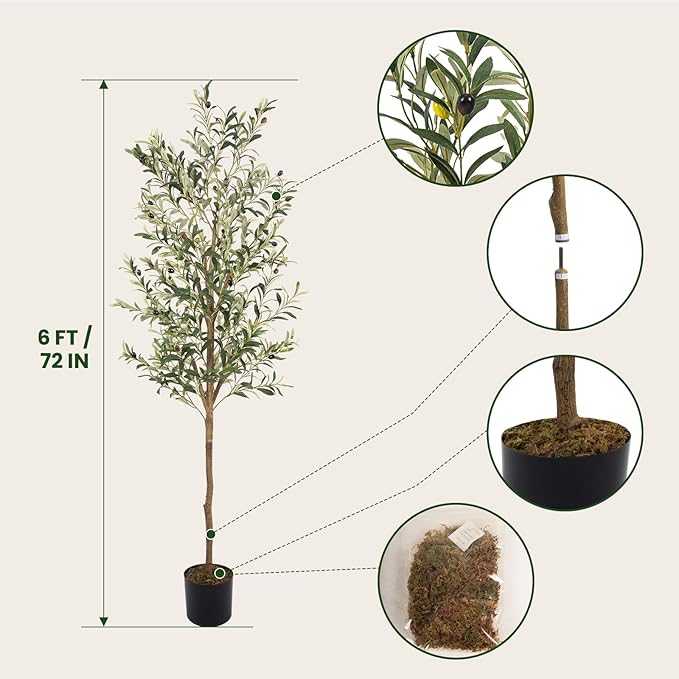 Artificial Fake Olive Tree 6FT Tall 1Pack Faux Silk Olive Tree for Home Living Room Office Decor Faux Artificial Plants Indoor Fake Potted Plants with Fruit & Free Moss