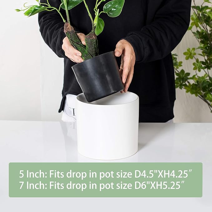 Nihow Flower Pot - 5 & 7 Inch Ceramic Planter Pots for Indoor Plants - Sturdy & Mordern Cylinder Plant Pot with Drainage & Removeable Rubber Plugs - Matte White (Set of 2) - Plants Not Included
