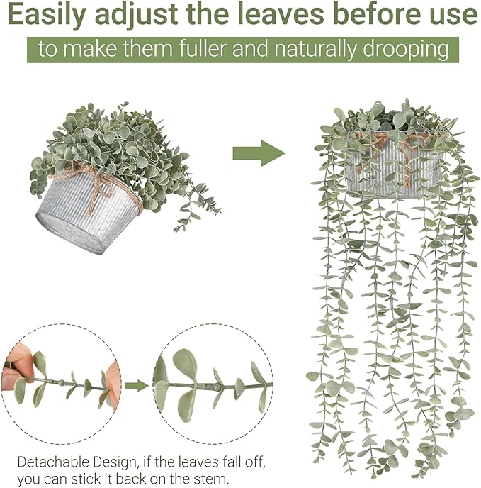 Mkono Fake Hanging Plants in Farmhouse Galvanized Pots Rustic Faux Potted Eucalyptus Greenery Indoor Artificial Plants for Book Shelf Mantel Living Room Bathroom Bedroom Home Office Decor (1, Grey)