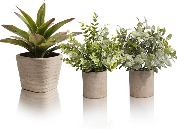 3 Pack Small Fake Plants in Farmhouse Pulp Pot for Home Decor, Artificial Agave Plants Indoor, Small Faux Plants Indoor for Bathroom Bedroom Shelf Desk Office Table Kitchen Room Greenery Decor