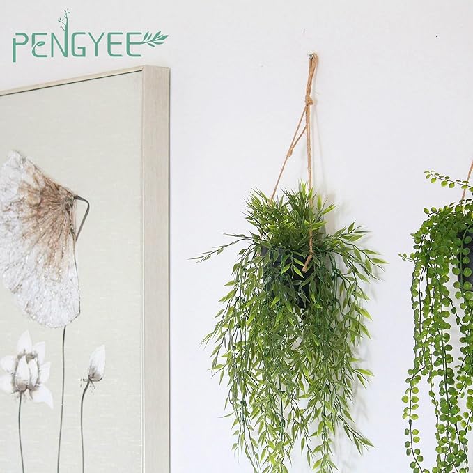 3 Packs Fake Hanging Plants with Black Pots, 28" Artificial Hanging Plants for Wall Decor, Fake Fern Plants Mandala Vine Indoor/Outdoor for Home Bathroom Bedroom Kitchen Office Room Decor