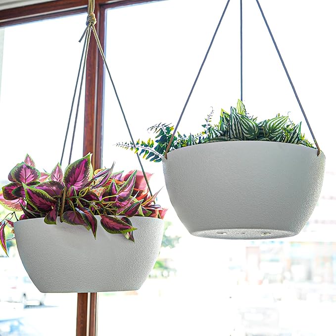 SwinDuck 12 Inch 2 Pack Large Hanging Planters for Indoor Outdoor Plants, Plastic Hanging Basket Pots for House Plants Flowers, White