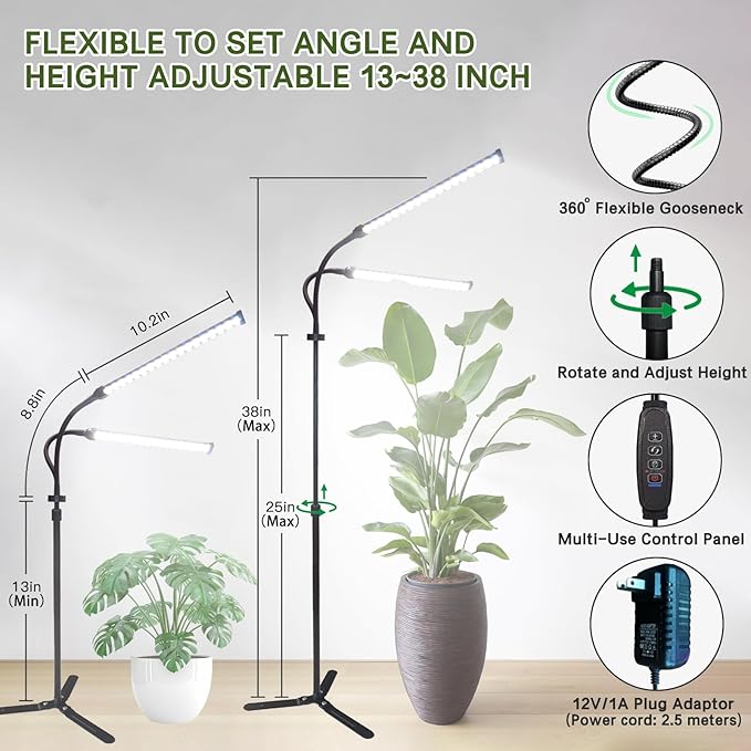 2025 Professional Grow Lights for Indoor Plants Growing, 6000K Full Spectrum 126 LEDs Plant Grow Lights Indoor, Height Adjustable (13-38''), 3 Spectrum Modes + 10 Dimming with 4/8/12/18H Timer