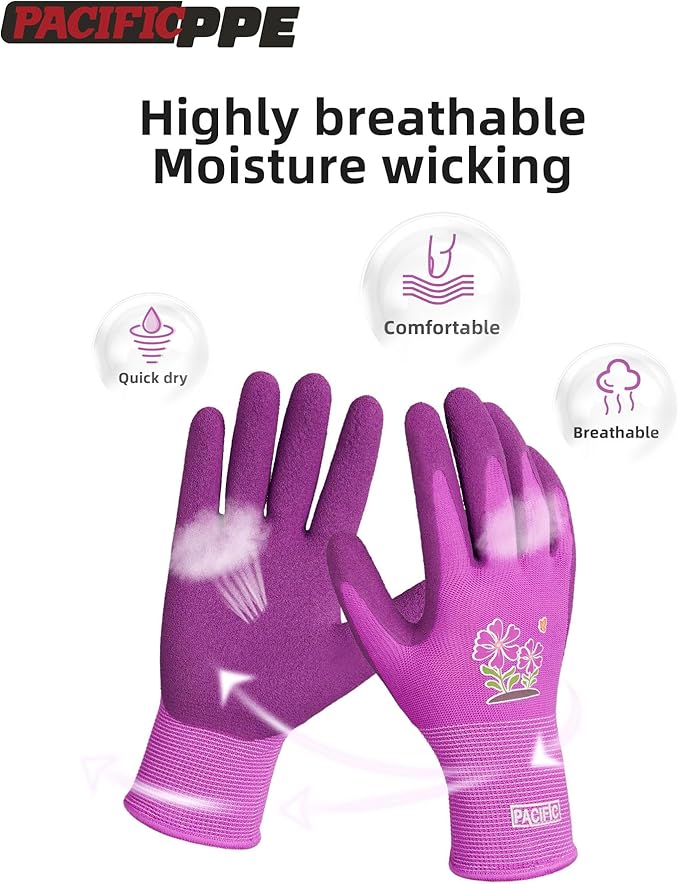PACIFIC PPE 2 Pairs Gardening Gloves for women and Ladies, Rubber Coated Garden Gloves, Outdoor Protective Work Gloves, Small, Pruple & Red