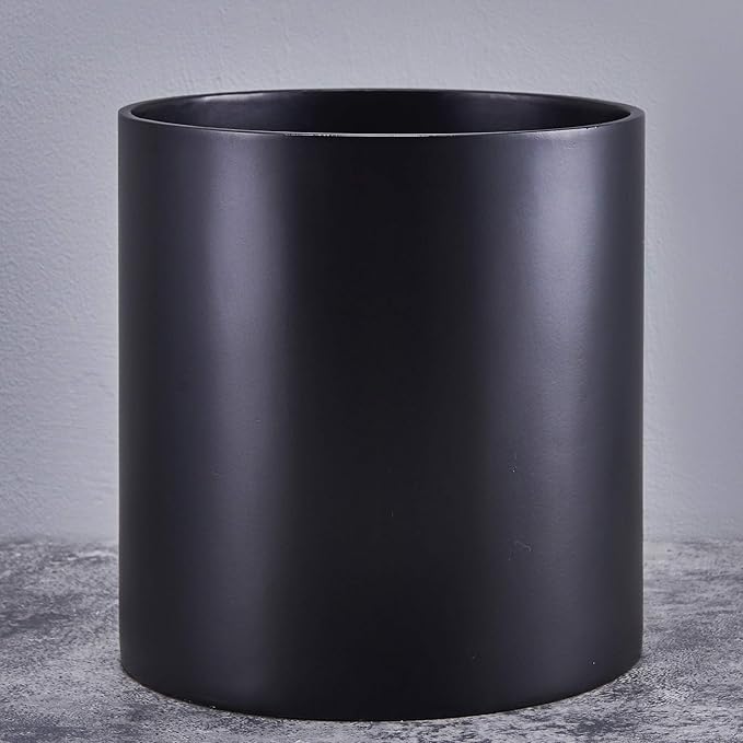 FaithLand 10 Inch Fiberstone Planter - Lightweight Modern Cylinder Plant Pot with Drainage Hole & Plug, Indoor Outdoor Use, Matte Black