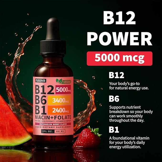 (2 Pack) Vitamin B12 and B6 Liquid Drops, B12 Sublingual Vitamin B Complex - B 12 Vitamin 5000mcg - B12 Methylcobalamin for Energy, Brain, Heart Support with 27,200 mcg, Watermelon Berry, 80 Servings