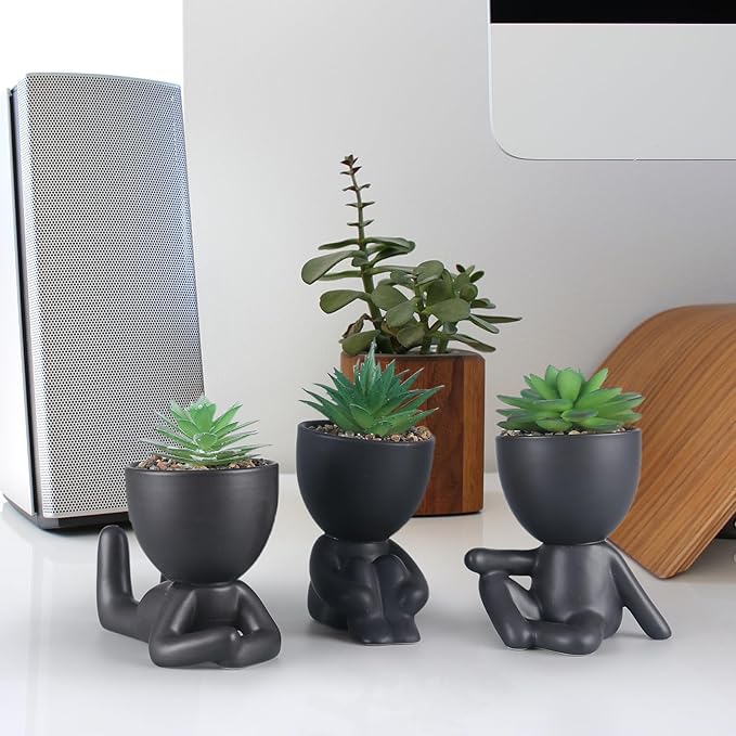3 Pcs Succulent Artificial Plants Indoor Fake Plants for Office Desk Bathroom Bedroom Room Aesthetic Decor Accessories with Cute Creative Humanoid Ceramic Planter