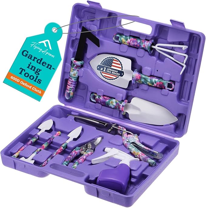 APSARAS USA Gardening Tools, 10 Pieces Gardening Tool Set with Purple Floral Print,Ergonomic Handle Trowel Rake Weeder Pruner Shears Sprayer with Carrying Case Garden Tool Set Gifts for Women