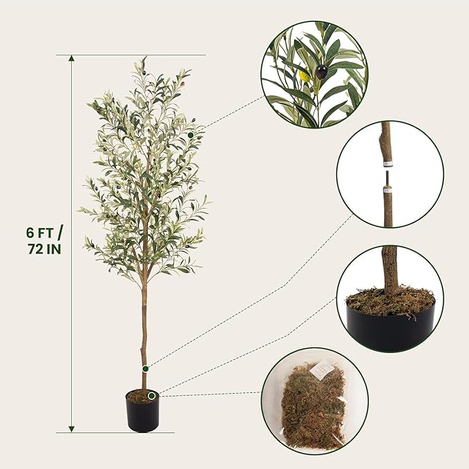 Artificial Fake Olive Tree 6FT Tall 2Pack Faux Silk Olive Tree for Home Living Room Office Decor Faux Artificial Plants Indoor Fake Potted Plants with Fruit & Free Moss
