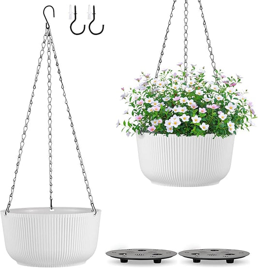 12 Inch Hanging Planters for Outdoor Indoor Plants, Set of 2 Self-Watering Hanging Plant Pots with Drainage Hole & Plug (Hooks)