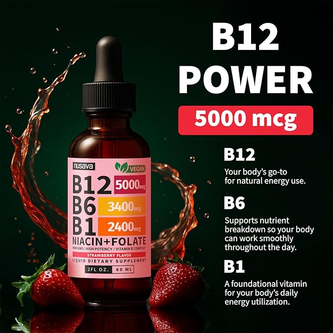 (2 Pack) Vitamin B12 and B6 Liquid Drops, B12 Sublingual Vitamin B Complex - B 12 Vitamin 5000mcg - B12 Methylcobalamin for Energy, Brain, and Heart Support with 27,200 mcg, Strawberry, 80 Servings